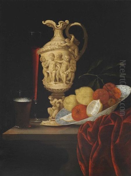 Groses Stillleben Mit Elfenbeinprunkkanne, Einer Chinesischen Schale Mit Zitrusfruchten, Bierglas Und Einem Schlanken Weinglas Oil Painting by Johannes Georg Hinz