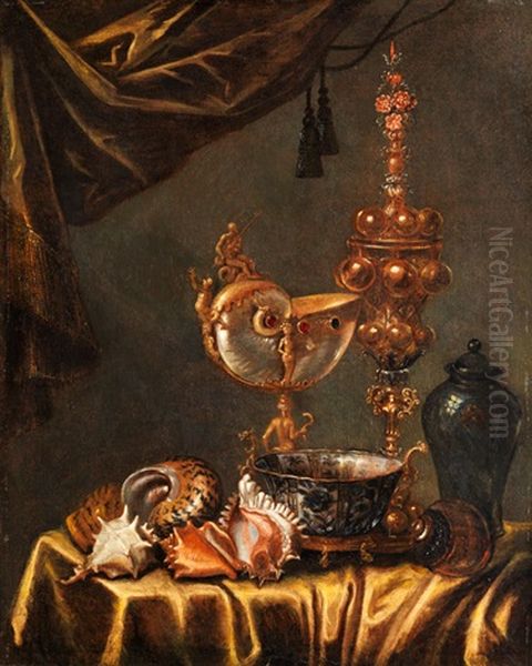 Stilleben Mit Prunkpokal, Nautilusbecher, Vase, Muscheln Und Einer Porzellanschale Oil Painting by Johannes Georg Hinz