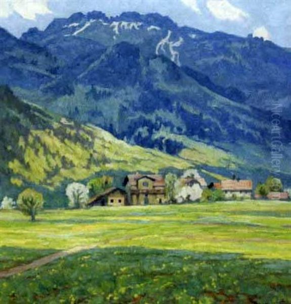 Gebirgslandschaft Mit Dorf Oil Painting by Adolf Hinzpeter