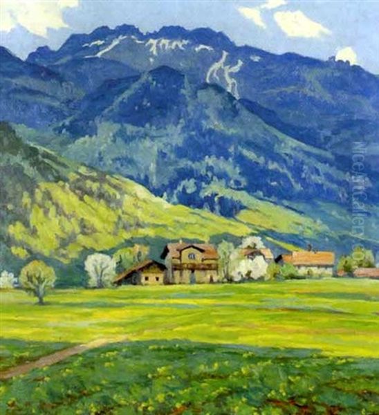 Gebirgslandschaft Mit Dorf Oil Painting by Adolf Hinzpeter