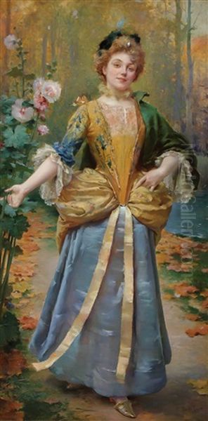 Woman Walking Beside Hollyhocks Oil Painting by Marie Felix Hippolyte-Lucas