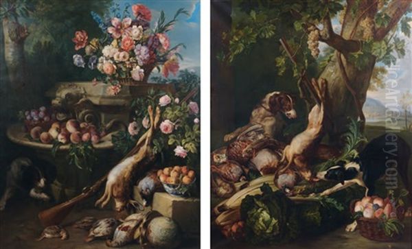 Nature Morte Au Trophee De Chasse, Artichauts, Choux, Oiseaux, Panier De Fruits, Surpris Par Deux Chiens (+ Nature Morte Au Trophee De Chasse, Bouquet De Fleurs Dans Un Panier, Fruits, Oiseaux, Surpris Par Unchie; Pair)(after Alexandre-francois Desportes) Oil Painting by Marie Felix Hippolyte-Lucas