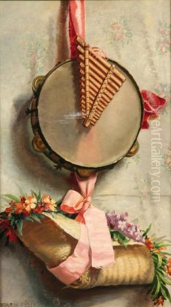 Nature Morte Au Tambourin, Au Chapeau De Paille Et Au Bouquet De Fleurs Oil Painting by Marie Felix Hippolyte-Lucas