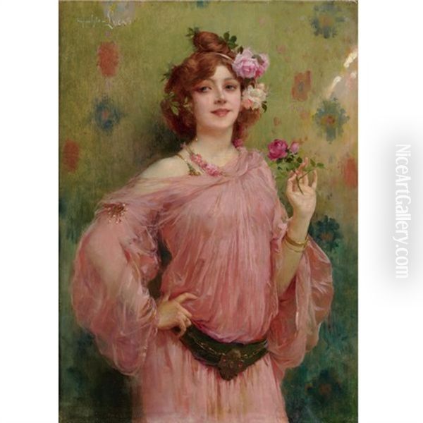 A Beauty In Pink Oil Painting by Marie Felix Hippolyte-Lucas