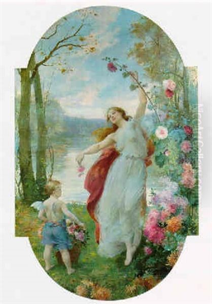 Jeune Femme Et Amour Cueillant Les Fleurs Oil Painting by Marie Felix Hippolyte-Lucas