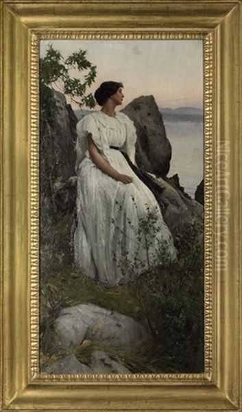 Lady In White At A Lakeside Oil Painting by Adolf Hiremy-Hirschl