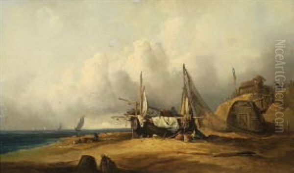 Fischer Bei Booten Und Netzen Am Strand Oil Painting by Adolf Hiremy-Hirschl