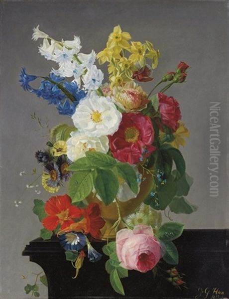 Camelias, Narcissi, Morning Glory, A Rose And Other Flowers Oil Painting by Jean Georges Hirn