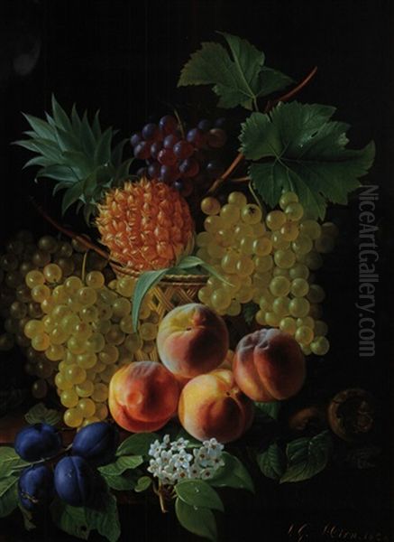 Stilleben Mit Fruchtkorb, Trauben, Pfirsichen, Pflaumen Und Ananas by Jean Georges Hirn