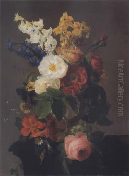 Bouquet Of Flowers In An Urn On A Black Stone Ledge Oil Painting by Jean Georges Hirn