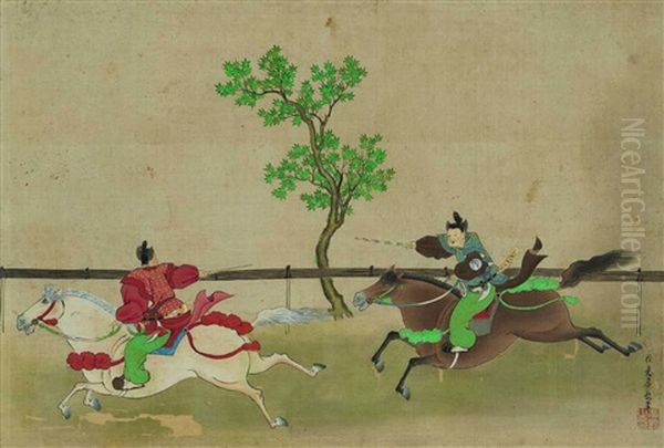 Two Horsemen At A Race Oil Painting by Sumiyoshi Hironaga