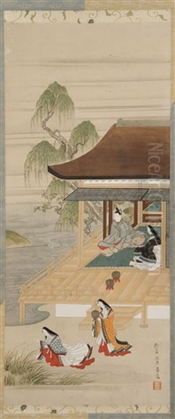 Imperial Household With Three Female Figures And One Gentleman Seated On A Veranda With A Willow Tree Oil Painting by Sumiyoshi Hironaga