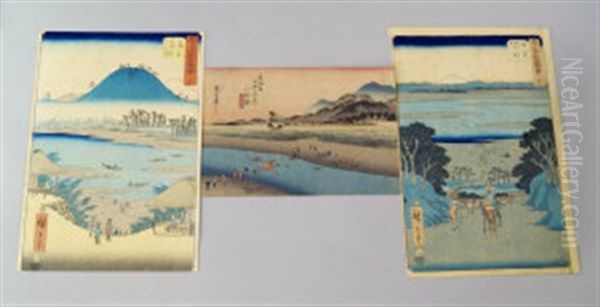 The Far Bank Of The Oi River At Kanaya, From The Series Of The Fifty Three Stations Of The Tokaido, Together With Two Views Of Fuji, Possibly From Thirty Six Views Of Mount Fuji(3 Works) Oil Painting by  Hiroshige