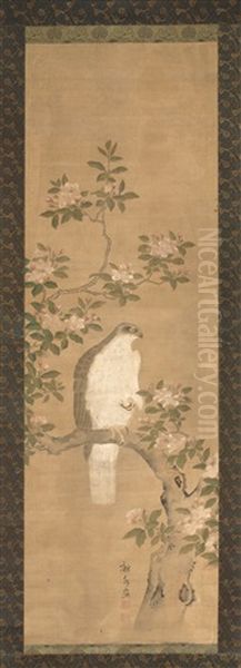 Hawk On A Flowering Tree Branch Oil Painting by  Hiroshige