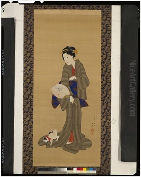 Beauty Holding A Fan And Cat Oil Painting by  Hiroshige