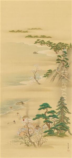 A Pair Of Hanging Scrolls Depicting A Sea Coast With Blossoming Cherry Trees, Salt Gatherers And Salt Burning Huts, And Red Maple Trees, Fishing Boats And Huts Oil Painting by Sumiyoshi Hirotsura