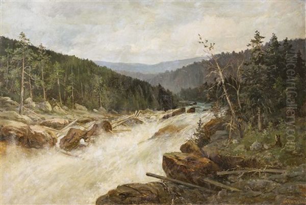 Gebirgsfluss Mit Wasserfall In Waldlandschaft Oil Painting by Adolf Hirsch