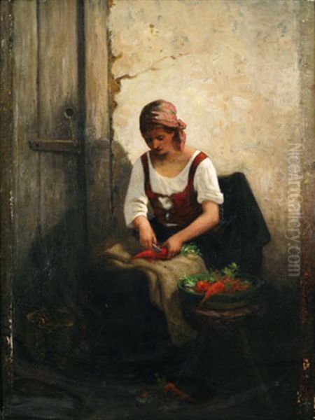 Woman Peeling Vegetables Oil Painting by Alphonse Hirsch