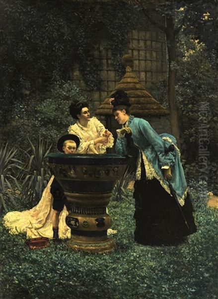 Deux Femmes Et Enfant Dans Un Jardin Japonisant Oil Painting by Auguste-Alexandre Hirsch