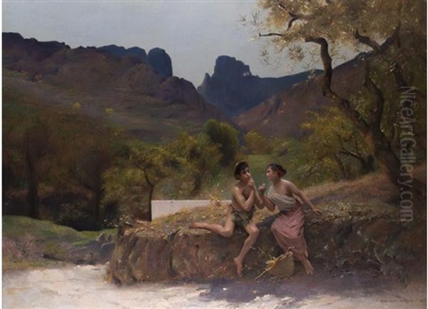 Arkadische Landschaft Mit Jungem Liebespaar Oil Painting by Auguste-Alexandre Hirsch