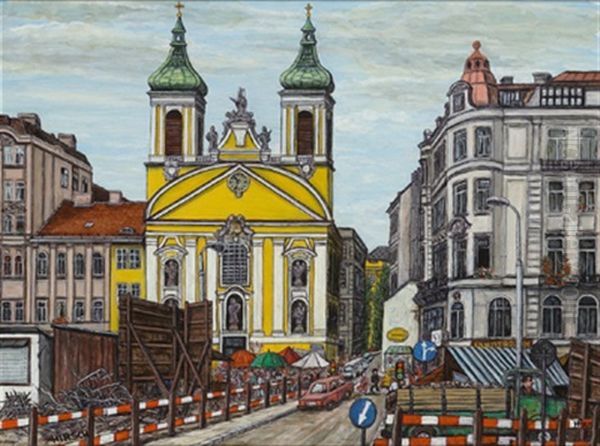 Rochuskirche Mit U-bahn Baustelle Oil Painting by Franz Josef Hirsch