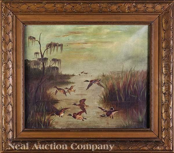 Mallard Ducks Flying Over The Louisiana Bayou Oil Painting by Hans Hirsch