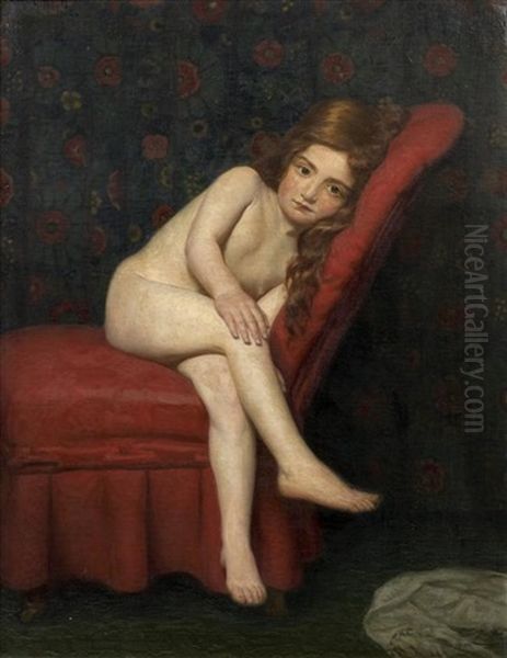 Petite Fille Se Reposant Sur Un Fauteuil Rouge Oil Painting by Hermann Hirsch