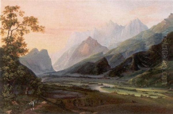 Tiroler Berglandschaft Mit Wanderern In Einem Weiten Flustal Oil Painting by Hermann Hirsch