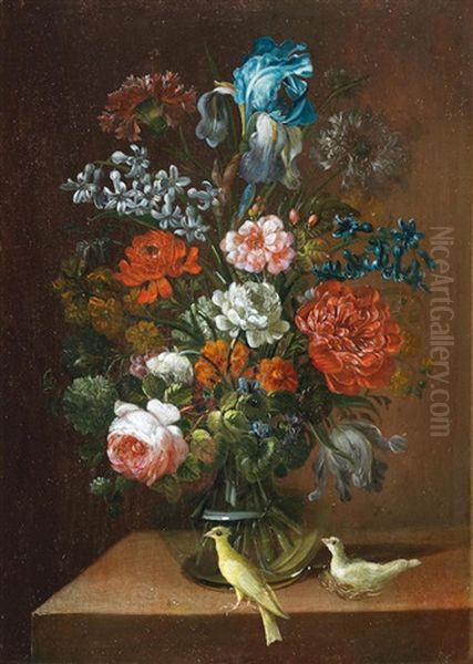 An Iris, Roses, Carnations And Other Flowers In A Glass Vase With Birds On A Stone Ledge Oil Painting by Caspar Hirschel