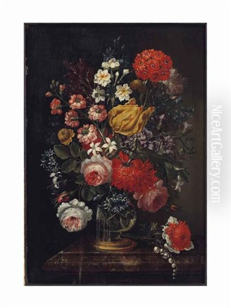 Flowers In Crystal Vases (a Pair) Oil Painting by Caspar Hirschel