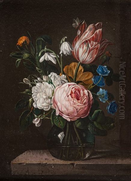 Stilleben Mit Blumen In Einer Glasvase Auf Steinpodest Oil Painting by Caspar Hirschel