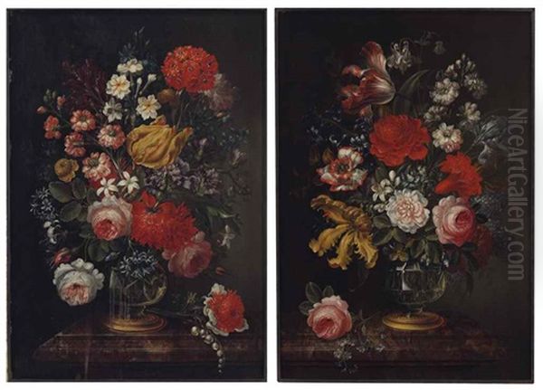 Flowers In Crystal Vases (a Pair) Oil Painting by Caspar Hirschel