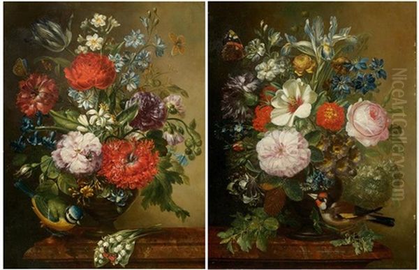 Pair Of Works: Floral Arrangements In Glass Vases On A Marble Slab Oil Painting by Caspar Hirschel