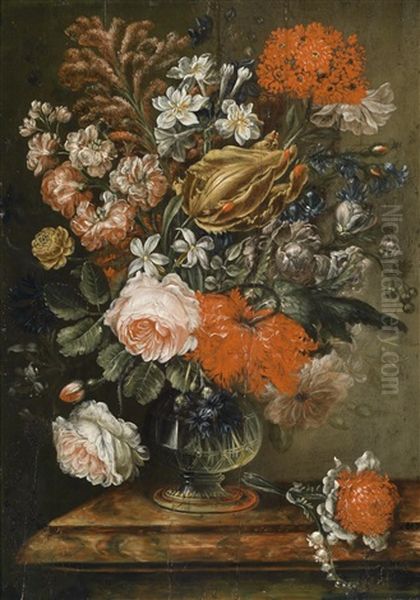 Ein Paar Blumenstillleben In Glasvasen (pair) Oil Painting by Caspar Hirschel