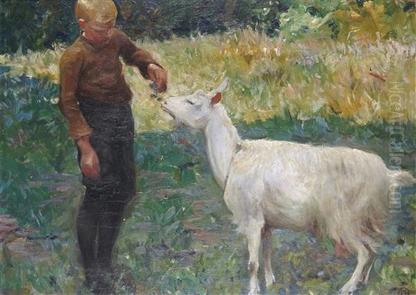 Boy With A Goat Oil Painting by Anton Hirschig