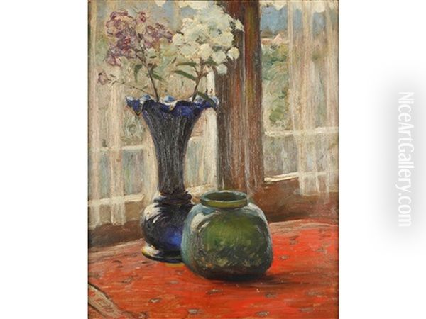 Still Life With Flowers In A Blue Vase Oil Painting by Anton Hirschig