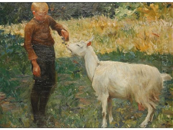 Boy With A Goat Oil Painting by Anton Hirschig