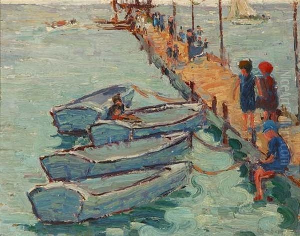 Children On Pier/boats Oil Painting by Alice Hirsh