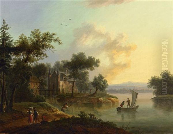 Wasserschloss Bei Breisach Am Rhein Im Goldenen Abendlicht Oil Painting by Friedrich Wilhelm Hirt