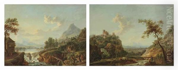 A Mountainous River Landscape With Cowherds Watering Their Cattle Near A Stream, A Castle Beyond (+ A Mountainous Riverlandscape With Figures On A Track Near A Waterfall; Pair) Oil Painting by Friedrich Wilhelm Hirt