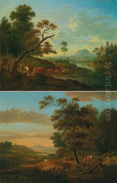 Wanderer Und Hirten Mit Einer Kuhherde Bei Der Rast (diptych) Oil Painting by Friedrich Wilhelm Hirt