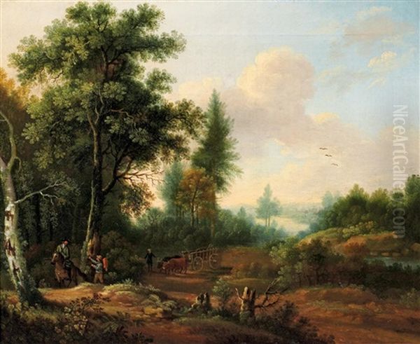 Heimkehrende Jager Am Waldesrand Mit Erlegten Hirschen Auf Einem Karren (+ Treibjagd In Fluslandschaft Mit Hundemeute Und Fuchs; 2 Works) Oil Painting by Friedrich Wilhelm Hirt