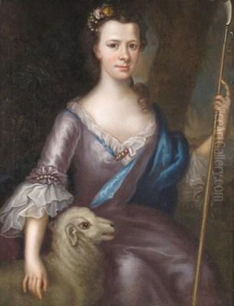 Portrait Of A Girl, Three-quarter Length Seated In A Landscape Dressed As A Shepherdess, A Lamb At Her Side Oil Painting by Thomas Bardwell