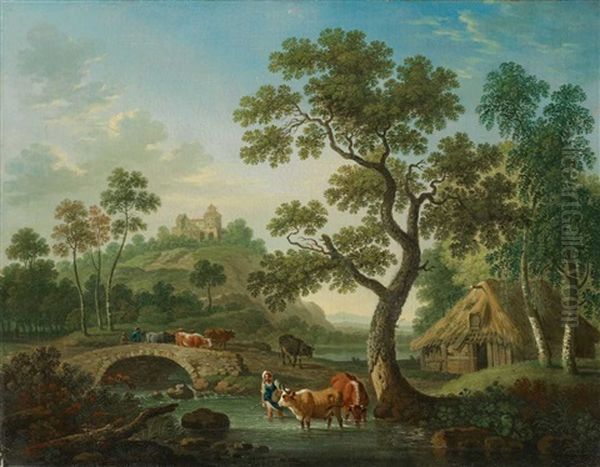 Landschaft Mit Hirten Und Architekturstaffage (+ Another; 2 Works) Oil Painting by Friedrich Wilhelm Hirt