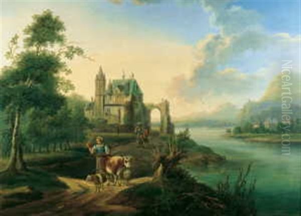 Phantastische Rheinlandschaft (in Collab. W/franz Schutz) Oil Painting by Friedrich Wilhelm Hirt