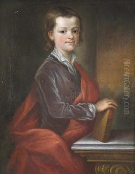 Portrait Of A Boy, Three-quarter Length Standing By A Table, Wearing A Red Robe And Holding A Book Oil Painting by Thomas Bardwell