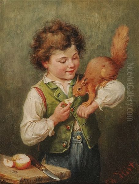 Boy With Squirrel Oil Painting by Heinrich Hirt