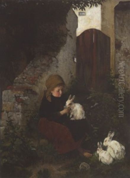 Kleines Madchen Mit Kaninchen Hinter Dem Haus Oil Painting by Heinrich Hirt