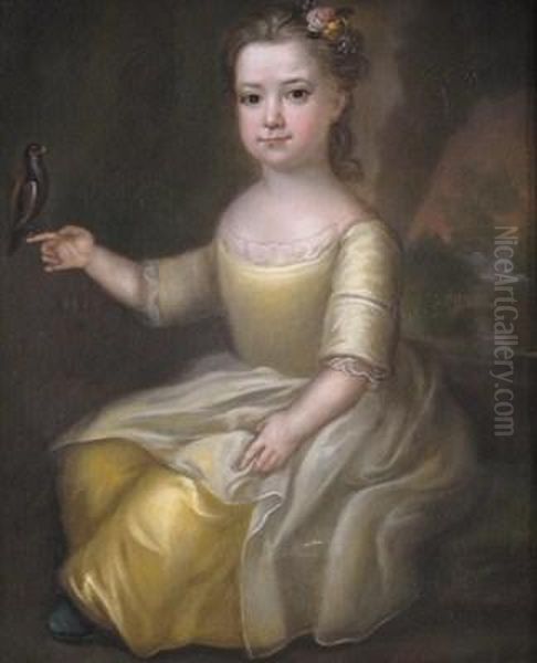 Portrait Of A Girl, Full Length, Seated In A Landscape, Wearing A Yellow Dress, A Bird Perched On Her Finger Oil Painting by Thomas Bardwell