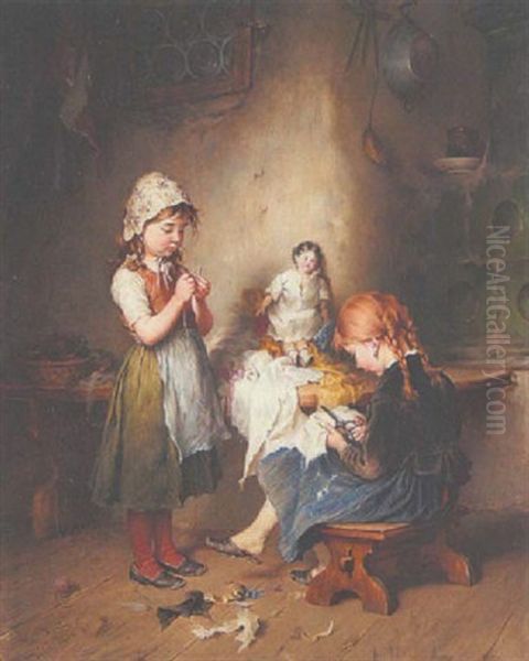 Puppenschneiderei: Zwei Kleine Madchen Bei Eifriger Naharbeit Oil Painting by Heinrich Hirt